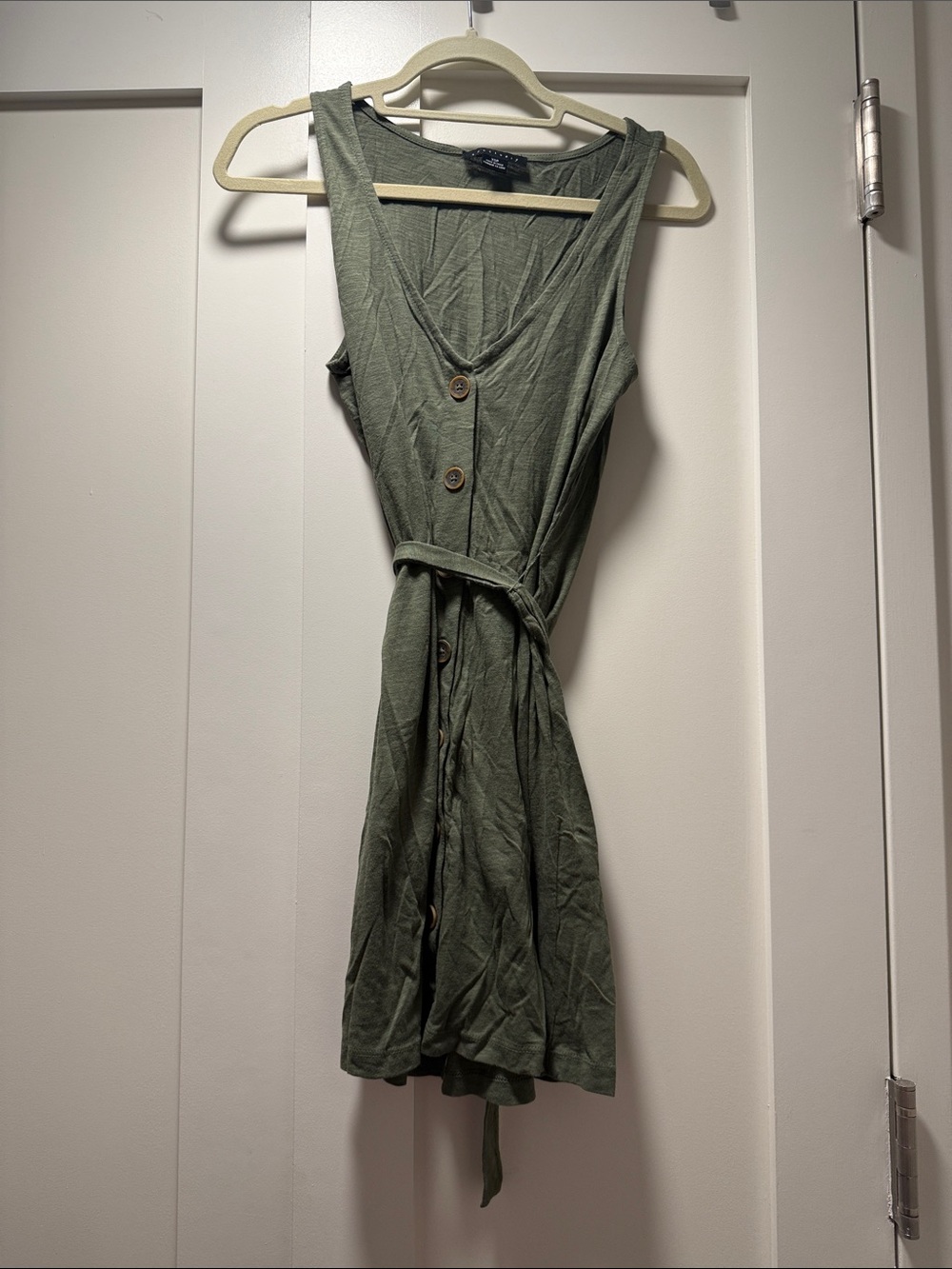 Sleeveless Sanctuary Olive Tie-Waist Button-Front Mini Dress